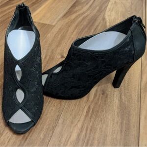 Black lace Maurice’s open toe heels